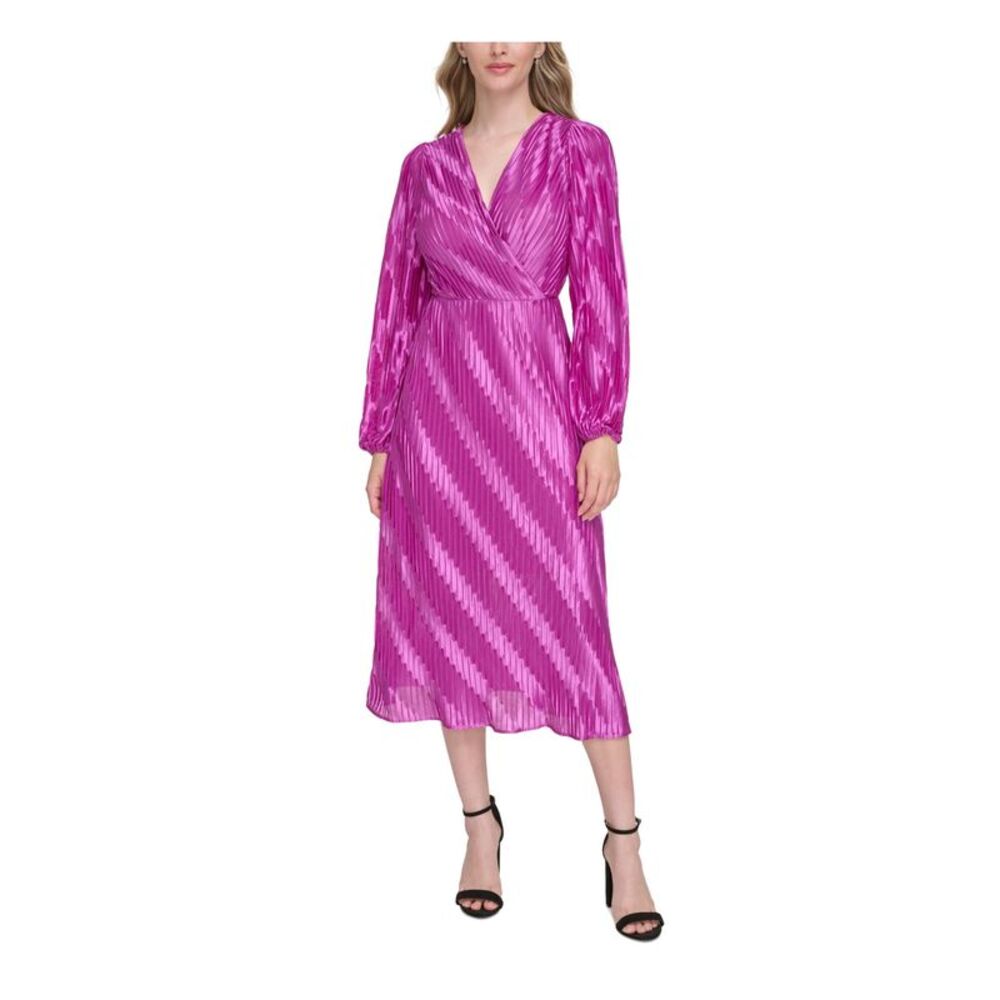 KENSIE DRESSES Womens Pink Crisscross V-back Lined Long Sleeve Midi Dress 4